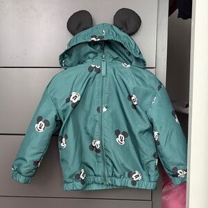 H&M x Disney Dark Green Mickey Mouse Hooded Rain Jacket